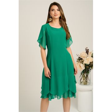 Rochie midi verde din voal in clin cu volane la baza