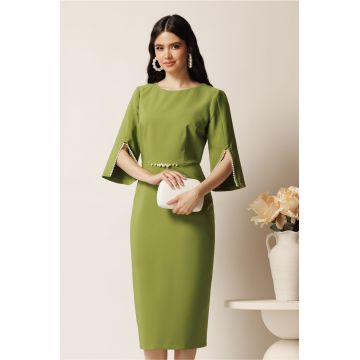 Rochie midi verde fistic din stofa conica cu perle la maneci si in talie- LaDonna