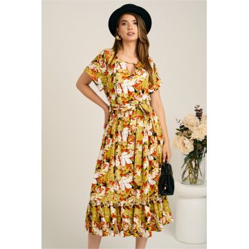 Rochie midi verde lime din viscoza in clos cu imprimeu maro si cordon in talie