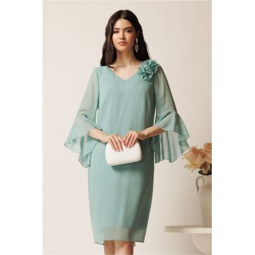 Rochie midi verde mint din voal cu croi drept si strasuri pe maneci- Viada