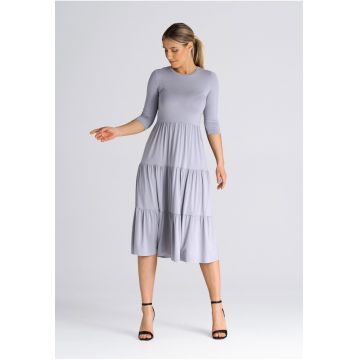 Rochie mulata  cu volane - maneci 3/4 - gri - viscoza