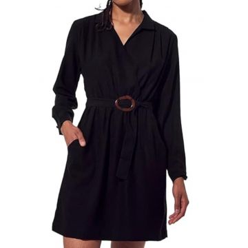 Rochie  neagra - cu volane si curea - din poliester - pentru femei -