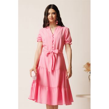 Rochie roz din viscoza in clos cu cordon in talie