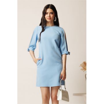 Rochie scurta bleu din stofa cu croi drept si perle pe maneci- Moze