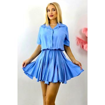 Rochie scurta, de zi, Peony, cu volum si volane, Blue, Marime S/M