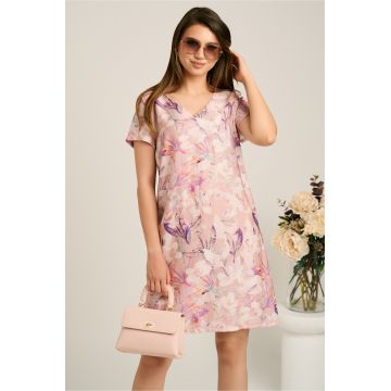 Rochie scurta roz din viscoza cu croi drept si flori mov
