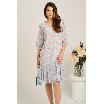 Rochie verde mint din voal cu croi drept si flori lila- Viada
