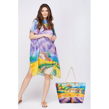 Set rochie tip poncho din matase si geanta mare de vara, imagine cu campuri de lavanda