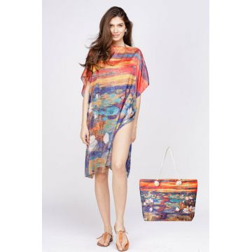 Set rochie tip poncho din matase si geanta mare de vara