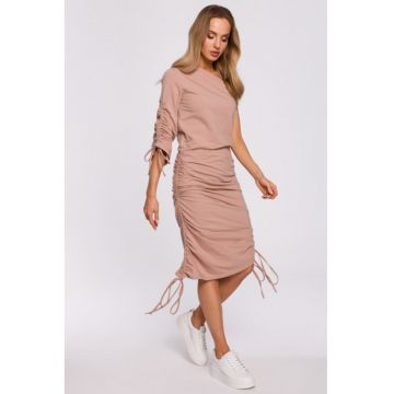Rochie asimetrica - pe un umar -  Roz prafuit -