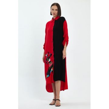 Rochie camasa oversize rosu-negru cu broderie silueta fata africana, din vascoza
