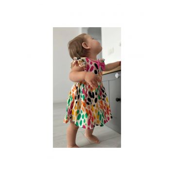 Rochie cu fundita roz si volane la maneci  - Hope - Bej cu buline colorate - pentru fetite