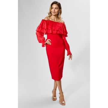 Rochie de ocazie cu volane si umerii goi Zayrra Rosie