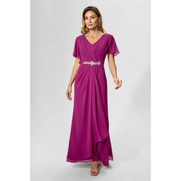 Rochie de ocazie din voal cu strass-uri in talie Marvela Magenta