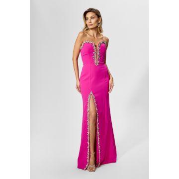 Rochie de ocazie premium cu strass-uri si umerii goi Indilla Fucsia