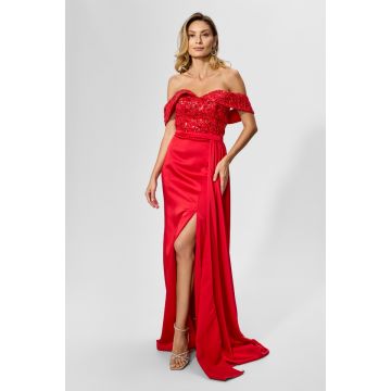 Rochie de ocazie premium din satin cu cu broderie si paiete Senalda Rosie
