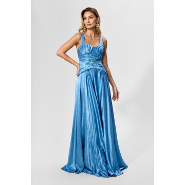 Rochie de ocazie premium din satin cu strass-uri in talie Joviale Indigo