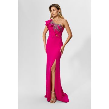 Rochie de ocazie premium tip one shoulder cu crepeu pe un picior Million Fucsia