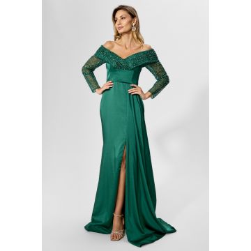 Rochie de ocazie premium tip sirena cu strass-uri si detaliu tip esarfa din talie Idonia Verde