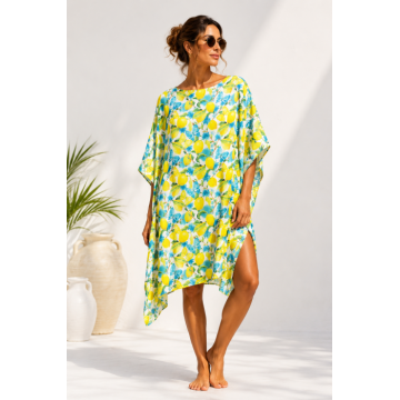 Rochie de plaja tip poncho din matase cu imprimeu mediteranean cu lamai si fluturi