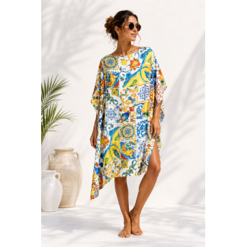 Rochie de plaja tip poncho din matase cu imprimeu model marocan cu lamai in culori vibrante