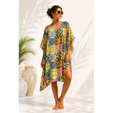 Rochie de plaja tip poncho din matase cu imprimeu model marocan in culori vibrante