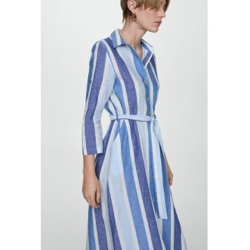 Rochie din amestec de in cu maneci 3/4 si model in dungi