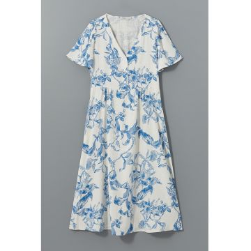Rochie din amestec de in cu model floral si nasturi