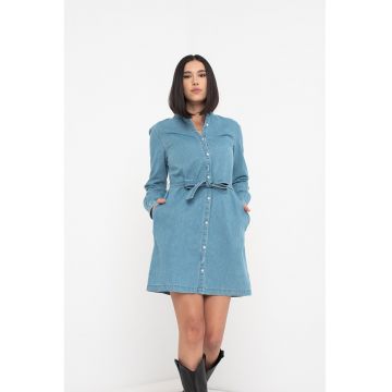 Rochie din material chambray cu cordon in talie