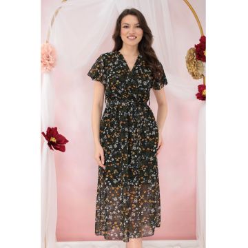 Rochie din voal negru cu print floral bej si decolteu parte peste parte