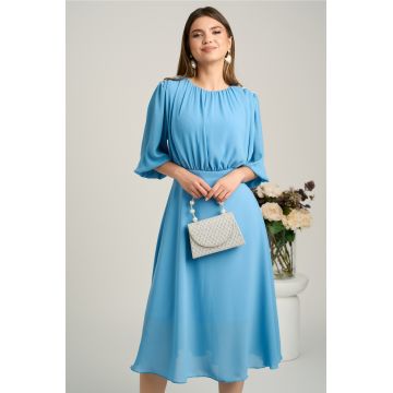 Rochie DY Fashion midi bleu in clos din voal cu accesorii pe umeri