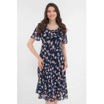 Rochie eleganta din voal bleumarin cu flori lila
