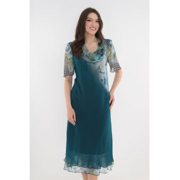 Rochie eleganta din voal turcoaz cu flori maxi