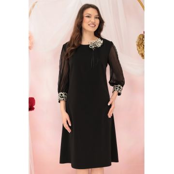 Rochie eleganta neagra cu broderie la maneci