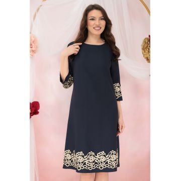 Rochie evazata din stofa bleumarin cu broderie florala bej