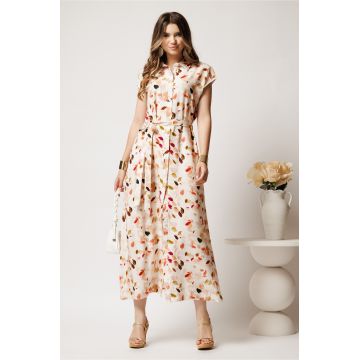 Rochie lunga de zi ivory cu frunze maro din in cu croi drept si cordon in talie