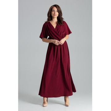 Rochie lunga  L055 - eleganta - cu talie elastica - burgundy - poliester 80%
