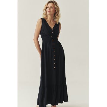 Rochie maxi cu decolteu in V si terminatie cu volane