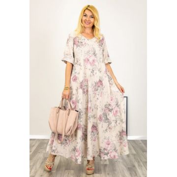 Rochie maxi din in foarte ampla cu bej dechis imprimeu floral