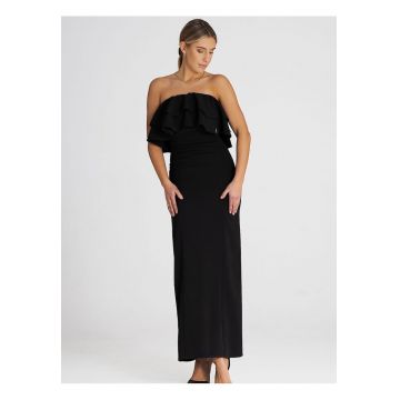Rochie maxi  eleganta - volane duble - negru - elastan - poliester - viscoza