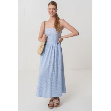 Rochie maxi evazata din amestec de in cu bretele inguste ajustabile