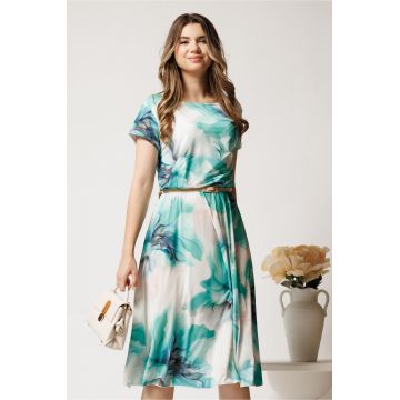 Rochie midi alba cu imprimeu verde din lycra in clos