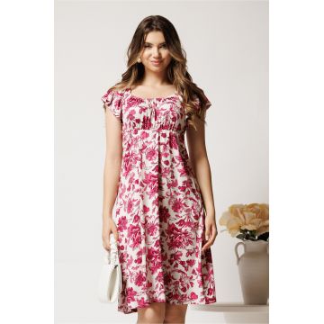 Rochie midi alba din lycra cu imprimeuri fucsia