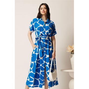 Rochie midi albastra cu alb din viscoza in clini cu nasturi si cordon in talie