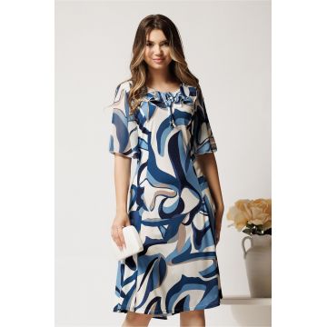 Rochie midi albastra din lycra in clini cu imprimeu alb