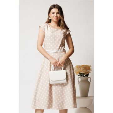 Rochie midi bej cu buline in clos cu buzunare si curea in talie