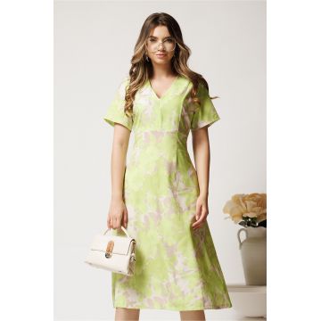 Rochie midi bej cu imprimeu verde neon din viscoza in clini