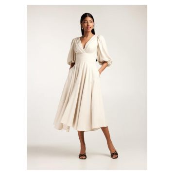 Rochie midi bej din in cu drapaje si maneci bufante Swan