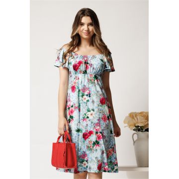 Rochie midi bleu din lycra cu trandafiri roz