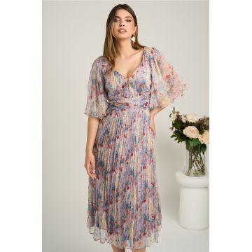 Rochie midi bleu din matase naturala cu imprimeuri florale lila- Viada